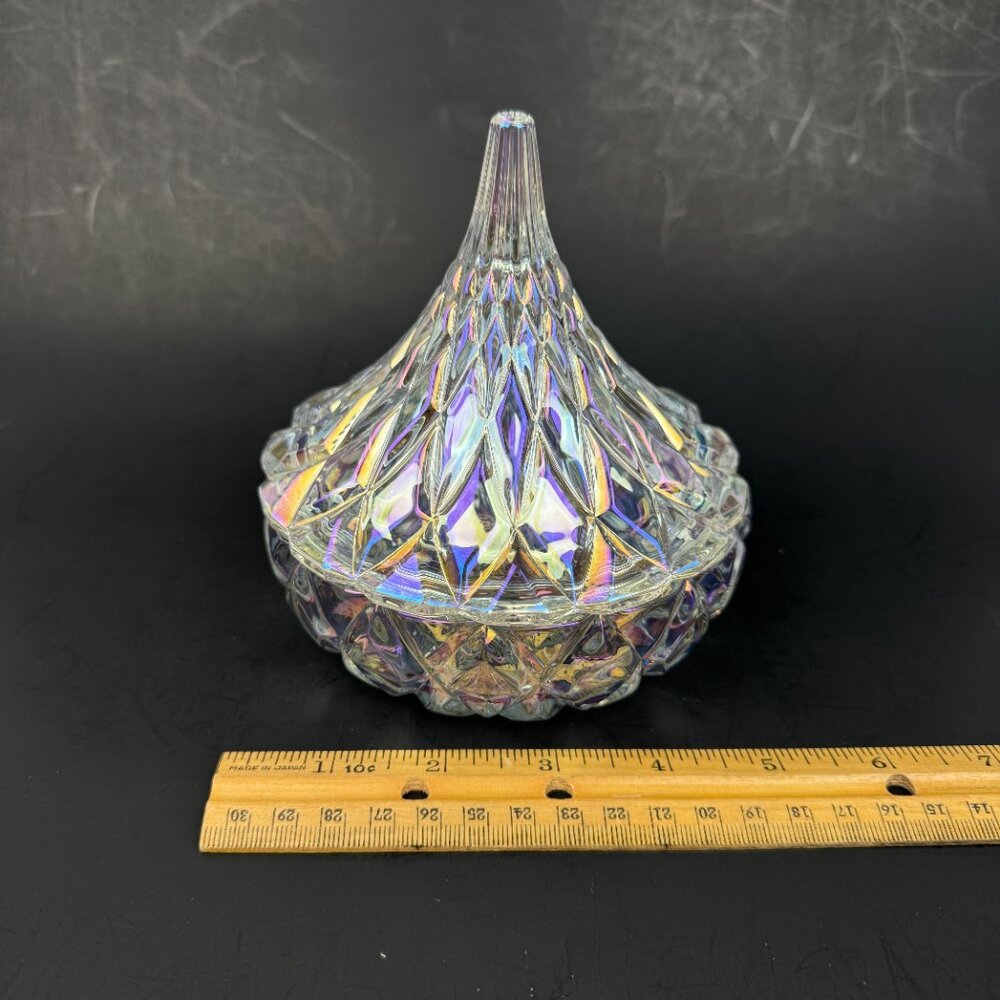 Clear Glass Iridescent‎ Crystal Hershey Kiss Textured Trinket Candy Dish w Lid